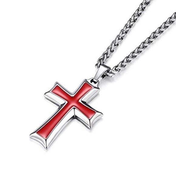 Silver & Red-Men's Stainless Steel Cross Pendant Necklace - Picture 1 of 4